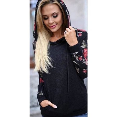 IC Blomstermønstret hettegenser for kvinner Lang erme Snøring Casual