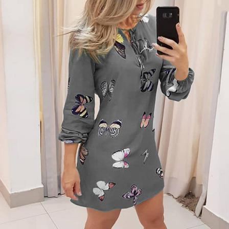Kvinnor Fjärilstryck Lång Print Spets Upp Casual Miniklänning