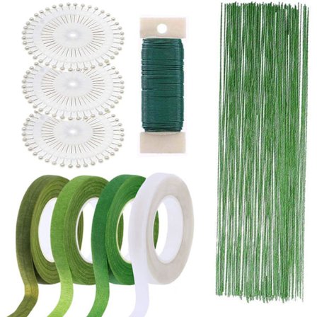 7-delad blomsterdekorationsverktygssats 1,2 cm band, 22 gauge blomstertråd, 26 gauge blomsterjärntråd och 100 stycken kulhuvudstift