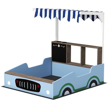 Sandkasse med tag, 90 x 108 cm træsandkasse Sandkasse med bænk, tegnebræt, plantekasser, butiksdesign til 2 børn 3-7 år Blå