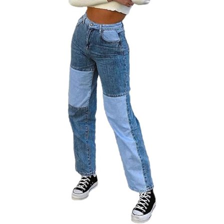 Dam Patchwork Jeans Hög Midja Rak Stretch Jeans Flickor Mode Färgblock Patchwork Jeans blå xl