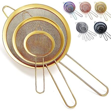 3 stk. gullmelsikt sil for baking, rustfritt stål sil