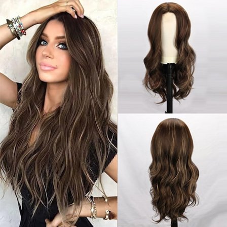 Paryk brun lang krøllet hår