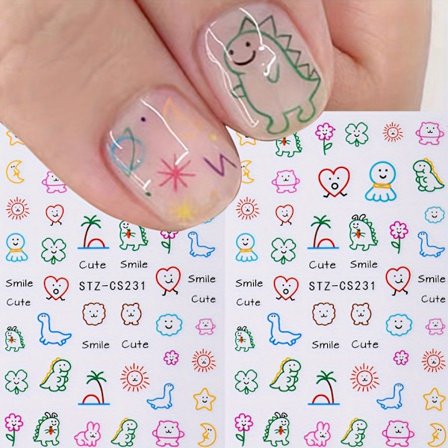 Tegneserie Dyre Negleklistremerker - Dinosaur & Japansk Stil Solansikt Dekaler, Lønneblad Manikyr Dekor, Hypoallergenisk Plast Selvklebende