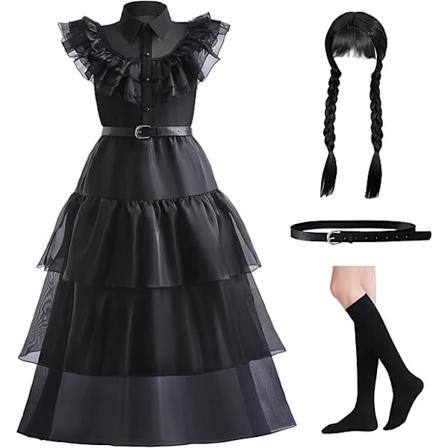 Musta asu Tytt jen mekko lapsille Musta asu Halloween-asut Cosplay-juhliin vy peruukki sukat 4-18V Black 150cm
