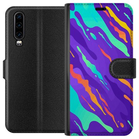 Kompatibel Tegnebogsetui til Huawei P30 Farverigt abstrakt mønster med flydende former i lilla, turkis, gult og orange.