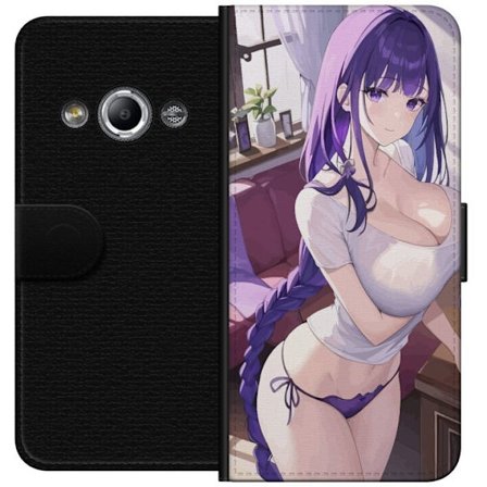 Yhteensopiva Lompakkokotelo Samsung Galaxy Xcover 3 Anime-tyttö, jolla on violetit hiukset ja pehmeä valaistus, tyylikäs piirros lämpimällä ilma