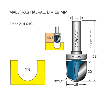 Cobolt 214-019L Hålkälsfräs R=9,5 D=19 L=20, Maskintillbehör & förbrukning
