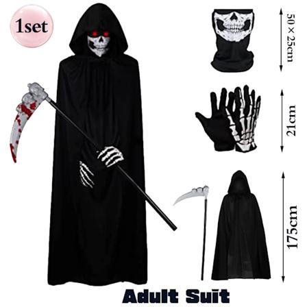 Uhyggelig Halloween Spøgelses Reaper Kostume Hætte Kappe Kranie Maske Handsker Lie Sæt Voksne Børn Gys Grim Reaper Halloween Dekoration Adult Suit