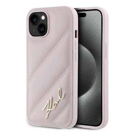 Karl Lagerfeld Diagonal Quilted Script-etui for iPhone 15 Plus / 14 Plus - rosa