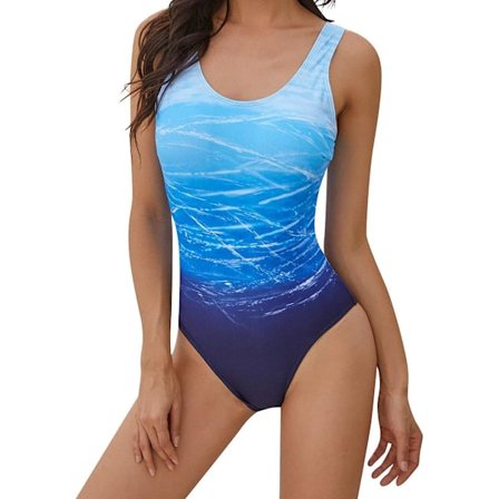 Badedragt til kvinder, hel badedragt, mavekontrol, polstret badedragt, rund hals, rygløs monokini, gradientfarve, badedragt Blue S
