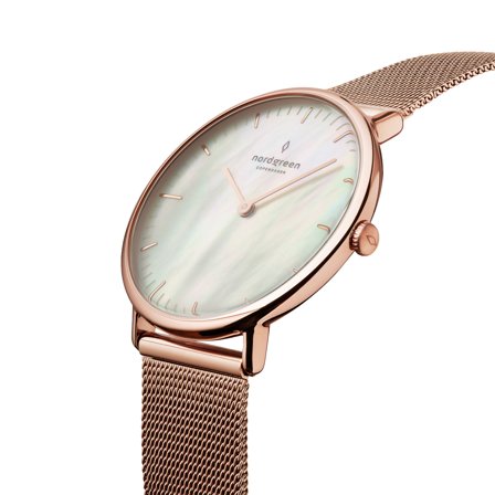 Nordgreen Scandinavian slim analog women's watch - Rose Gold Case - Black Dial - 28mm Rose Gold mesh Watch Band Native White Dial