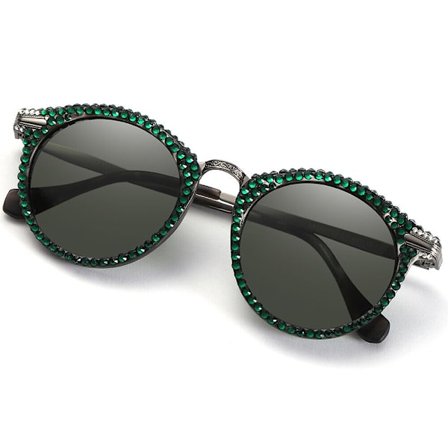 Hand-made Bling Polarized Sunglasses Rhinestone UV400 Vintage Round Frame AT