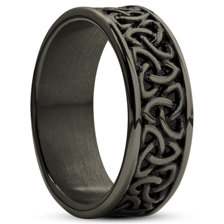 Evan | Anillo con nudo de la trinidad celta de acero inoxidable en negro metalizado de 7 mm para hombres - Anillos de acero