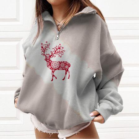 Kvinnor Print T-shirt Dragkedja Color Block Christmas Sweatshirt