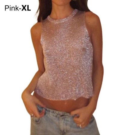 Naisten Crop Topit Läpinäkyvä mesh T-paita PINK XL XL