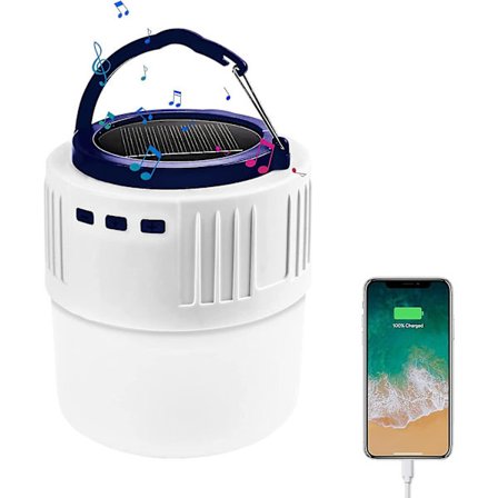 LED solcelle campinglanterne oppladbar med Bluetooth-høyttaler, bærbar solcelle lommelykt powerbank, nød solcellelys vanntett for innendørs utendørs