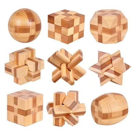 Sett med 9 3D trepuslespill, IQ-utfordring puslespill, Liten logisk puslespillboks leketøy for demontering og montering av låsepuslespill, Gave