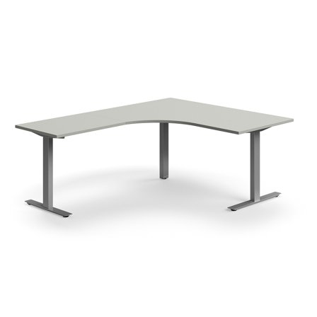 Eckschreibtisch QBUS, 1600x2000 mm, T-Gestell, silber/hellgrau