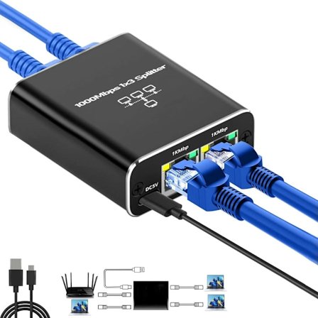 Ethernet-splitter 1 til 3, 1000 Mbps Gigabit LAN-splitter med USB-strøm, RJ45-netværkshub til Cat5/6/7/8-kabler, understøtter 3 enheder samtidigt