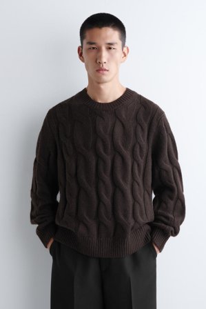 COS Men's Cable Knit Wool Crew Neck Jumper in Brown