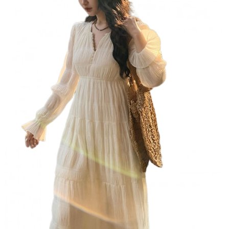 Kvinners V-hals Lang Ermet A-linje Ruffle Lagdelt Casual Lang Maxi Kjole (Hvit XS)