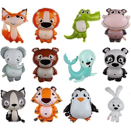 12 stk. Jungel Safari Dyreballonger, 40 x 45 cm Dyreballonger for Gutter og Jenter Jungel Zoo Dyretema Festdekorasjoner (LGL)