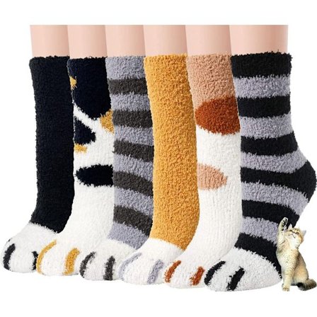 Varme vintersokker til kvinder - Sæt med 6 par - Plys sokker til kvinder - Damesokker - Hjemmesko - Sovesokker - Fluffy sokker - Katteklo