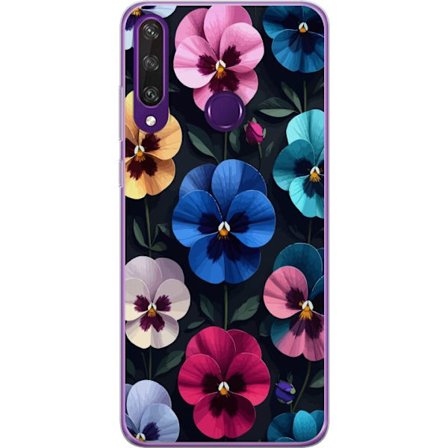 Kompatibelt Mobildeksel til Huawei Y6p Dekorativt blomstermønster med fargerike pensélignende blomster og mørk elegant bakgrunn