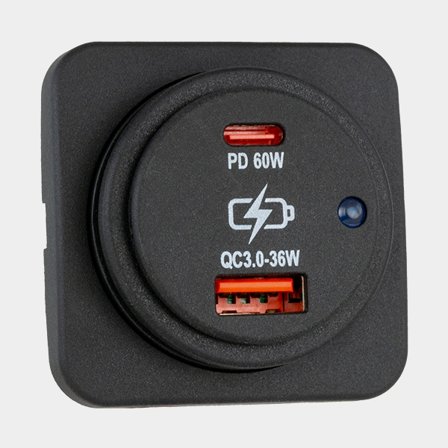 USB-stik Sutars, udenpåliggende, sort, firkantet, 12 / V 24 V, 36 W / 60 W, 2.1 A, USB-A + USB-C, med låg