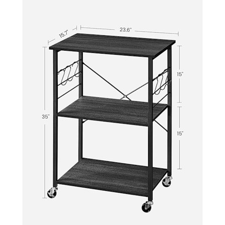 Vasagle køkkenhylde på hjul, serveringsvogn med 3 hylder, køkkenvogn, mikrobølgeovnshylde, sort