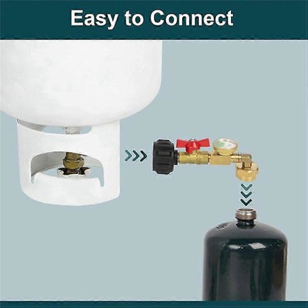 Propanpåfyllningsadapter med ventil och mätare, fyll 1 lb flaskor från 20 lb tank, 90-graders vinkel Des