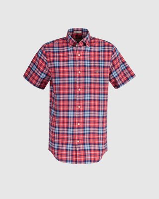 GANT - Regular fit rutete kortermet skjorte i bomullslin til herre brick red