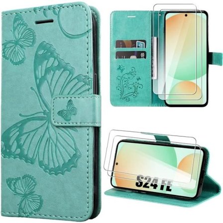 Skal - Booling - för Samsung Galaxy S24 FE - Fjärilsmotiv - Syntetläder - Grön - 2 Härdat glas