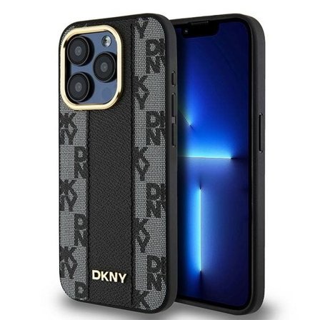 DKNY Leather Checkered Mono Pattern MagSafe kotelo iPhone 15 Pro - musta