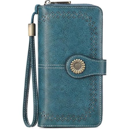 ING Dameclutch i ægte læder med RFID-beskyttelse, rummelig pung med kreditkortlomme og håndledsrem, blå