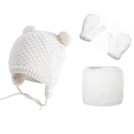 3-delt sett med babylue, skjerf og hansker, strikket tykt mykt varmt for 0-2 år gutter jenter