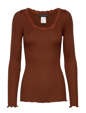 Silk T-Shirt W/ Lace T-shirts & Tops Long-sleeved Brun Rosemunde