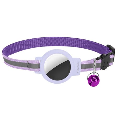 AirTags kæledyrshalsbånd med nylonrem og silikoneovertræk og klokke - Lilla