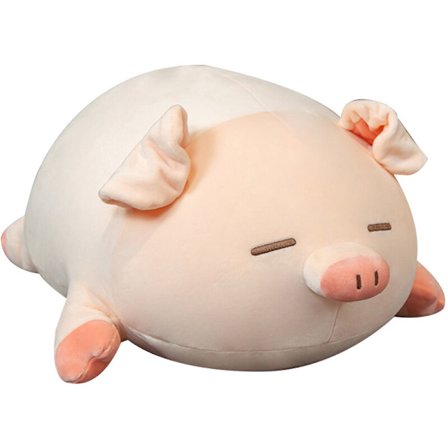 Søt gris plysjleke med stor pute på seng, B