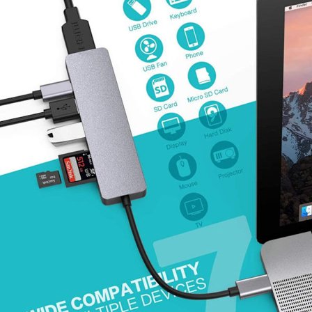 LEVIN USB C Hub 7-i-1 Type C Hub med 100W PD strømforsyning, 4K UHD USB C til