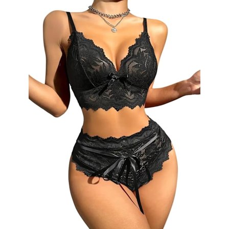 osy Kvinders Sexy Stroppet Push Up Strømpebånd Lingeri Sæt Blomsterblonder Gennemsigtig 3 Dele Slips Sort Lille