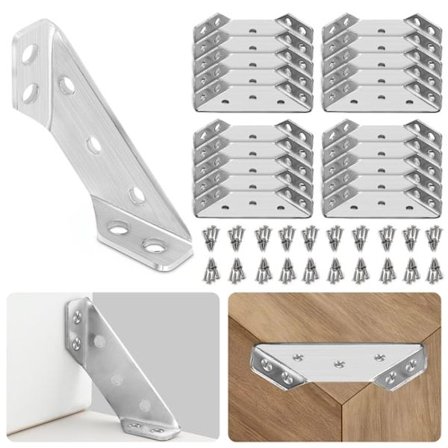 Universelle møbelvinkelkoblinger, rustfritt stål, hylle, skap, bord, stol, feste, støtte, 20-pakning med skruer