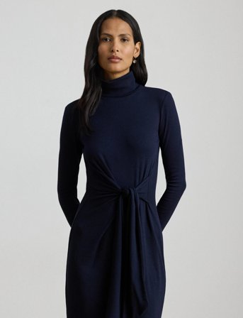 Lauren Ralph Lauren Tie-Front Turtleneck Dress - Navy - L