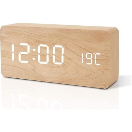 Trevekkerklokke i tre, moderne LED-bordklokke, digital alarmklokke, stemmeberøringsskjerm, tid/dato/temperatur for hjem, soverom, kontor, brun oransje