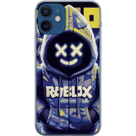Kompatibelt Mobildeksel til Apple Apple iPhone 12 Blågul Roblox hettegenserfigur med minimalistisk neonstil og masket ansikt, moderne spillillustras