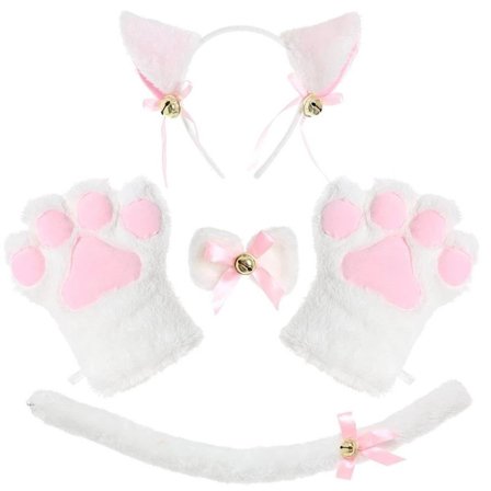 Katt cosplay kostym set kattunge svans öron krage tassar handskar kit för halloween tillbehör 5 st