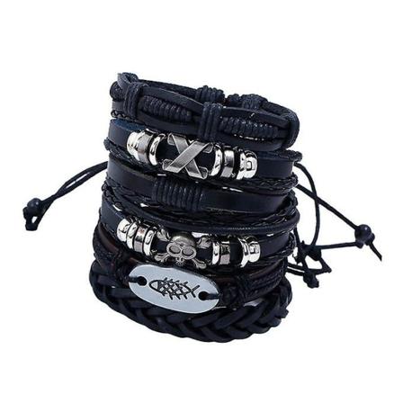 6 stykker læderarmbånd flettet armbånd Herre Punk smykker sort 1