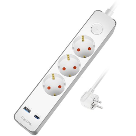 Grenuttag 3-vägs + USB-A/USB-C PD 20W, 1,4m, Vit