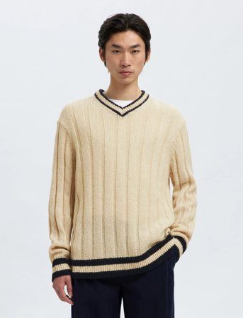 Selected Slhroy Ls Knit Relaxed Rib V-Neck - Cream - L